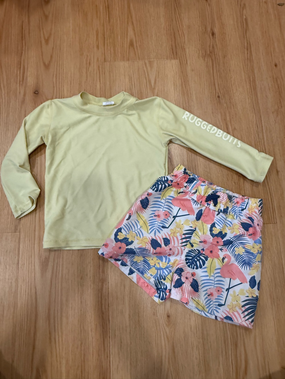 RuggedButts Kids Lemon Rash Guard Set with Tropical Flamingo Shorts